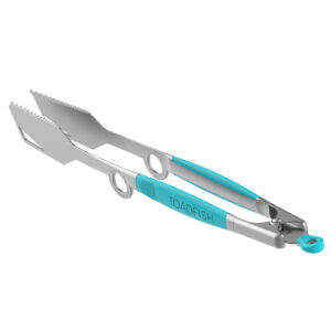 Stainless steel BBQ tongs with teal grip.