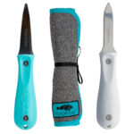Toadfish oyster knives and shucking cloth set.