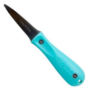 Turquoise shucking knife with blade engraved Toadfish.