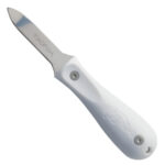 White ergonomic oyster knife with steel blade.