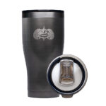 Black insulated tumbler with detachable lid.