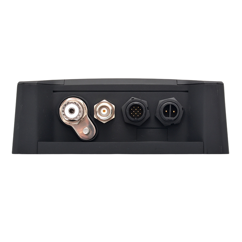 Black electronic device, multiple connectors shown.