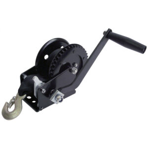 Hand crank winch with gear and hook