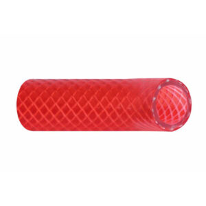 Red mesh reinforced hose close-up
