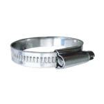 Metal hose clamp on white background.