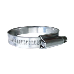 Metal hose clamp on white background.