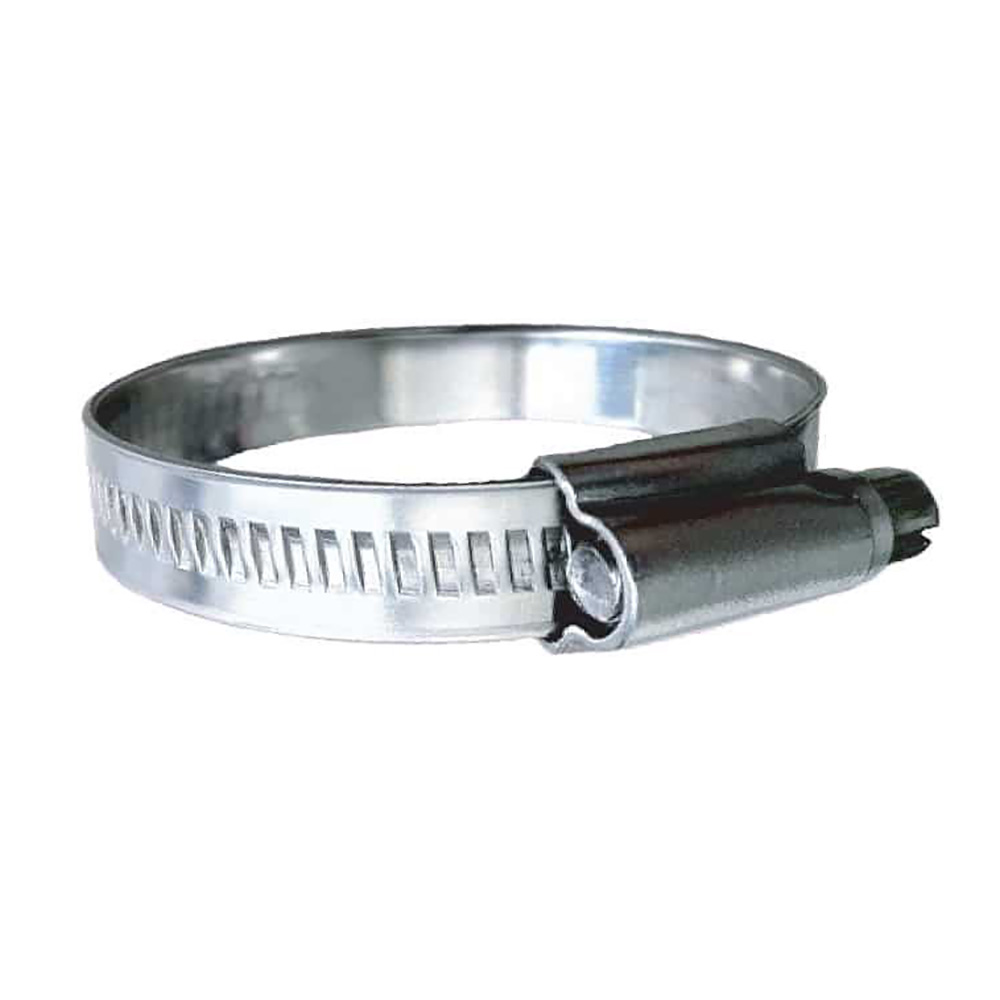 Stainless steel hose clamp for securing pipes.