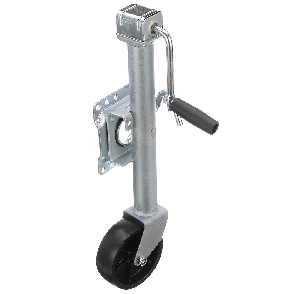 Adjustable trailer jack with wheel and handle.