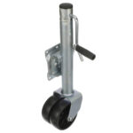 Adjustable trailer jack with dual wheels.