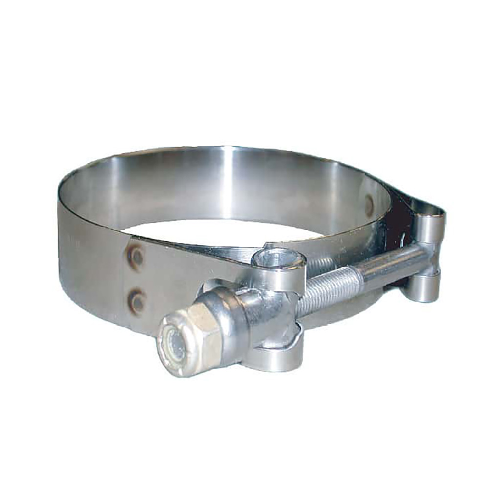 Heavy-duty stainless steel T-bolt hose clamp.
