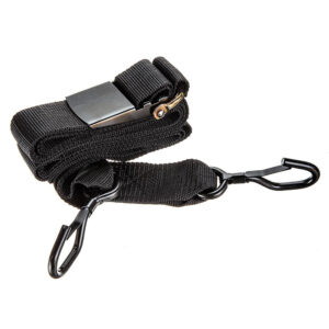 Black tie-down strap with metal hooks