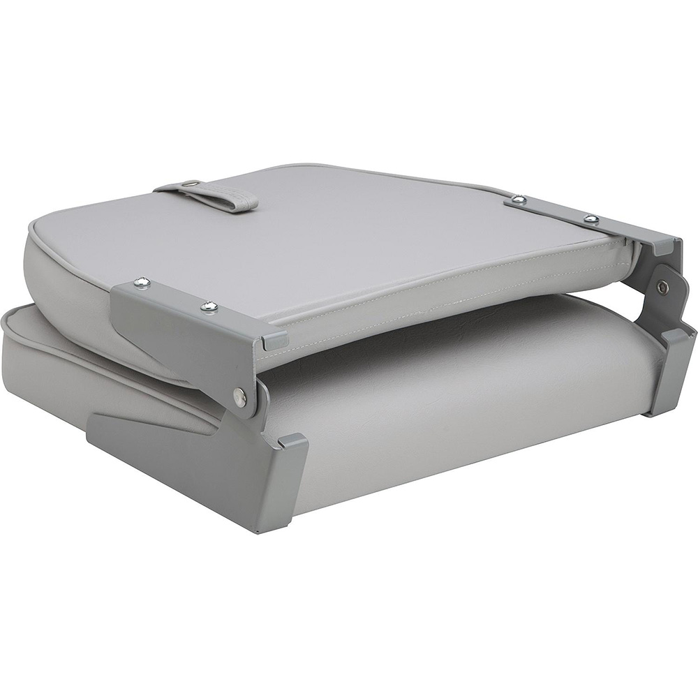 Foldable gray boat seat with metal frame.