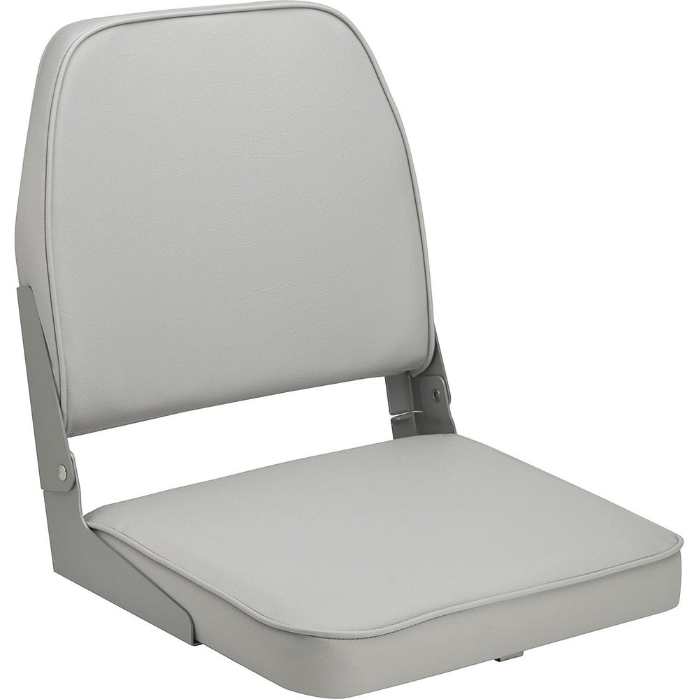 Gray foldable boat seat with cushioned backrest.
