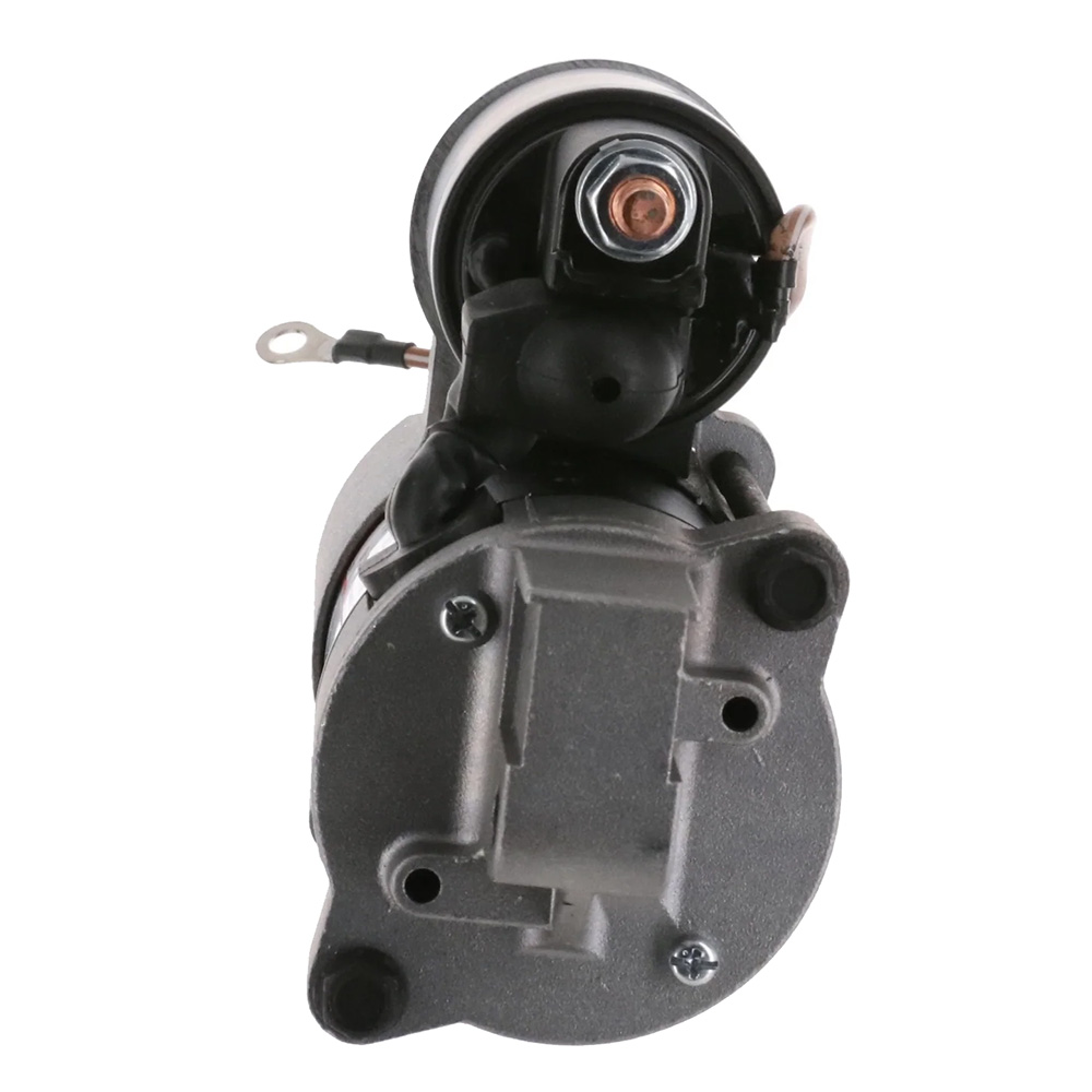 Automotive starter motor, close-up view.