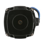 Black round electronic device with blue wires.