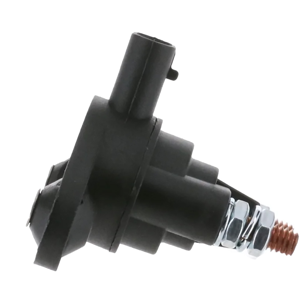 Black automotive engine sensor with metal connectors.