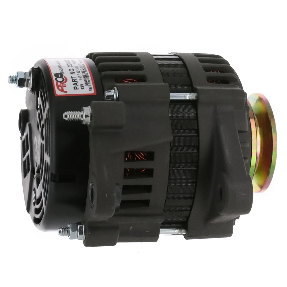 Automotive alternator with mounting hardware and pulley