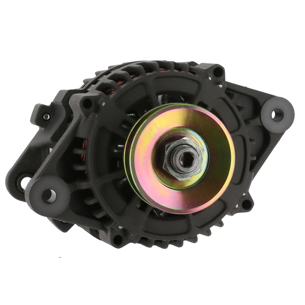 Car alternator front view on white background.