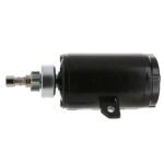 Black starter motor for engines, side view.