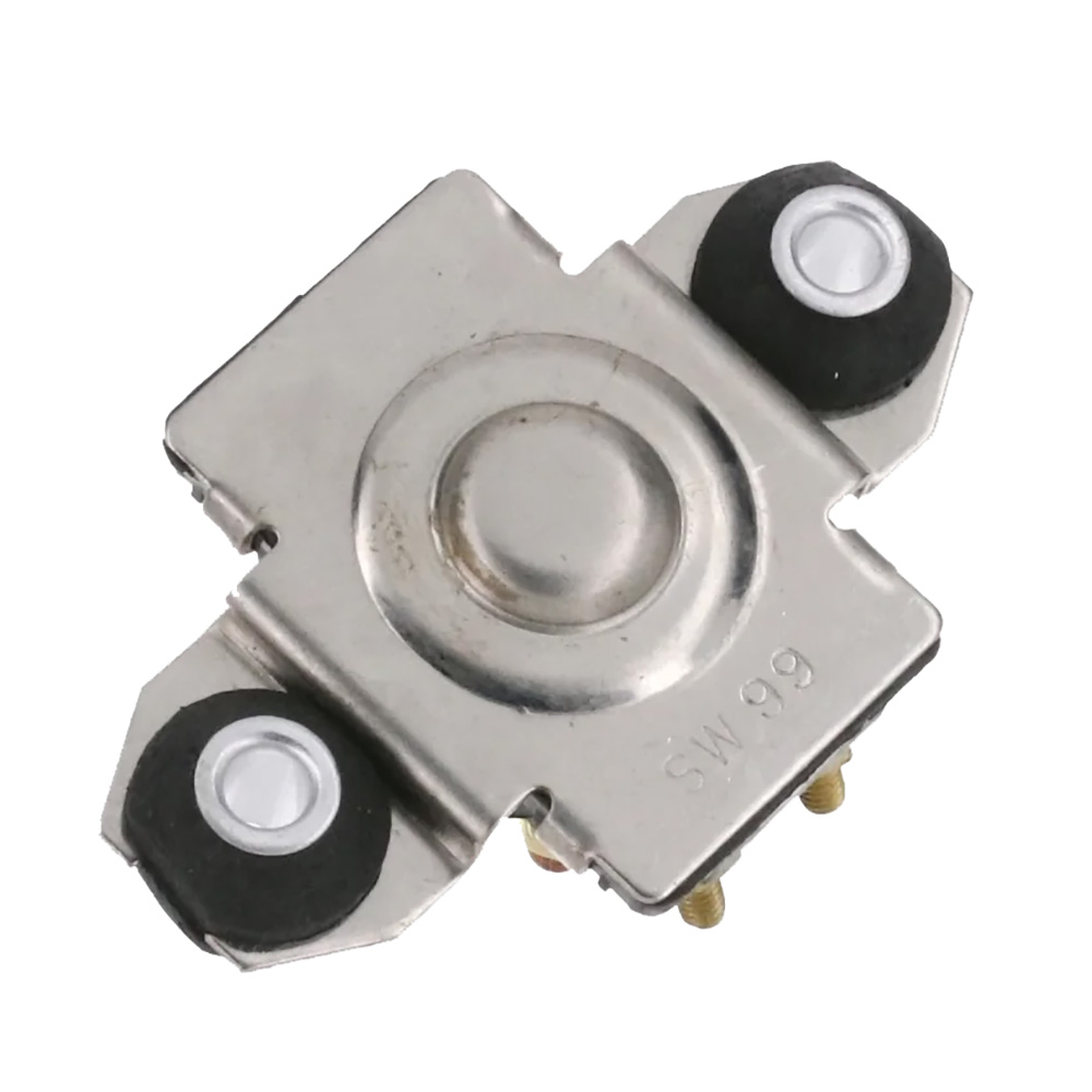 Metal button switch with dual black and white edges.