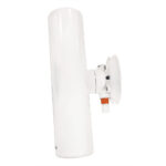 White outdoor antenna with mounting bracket.