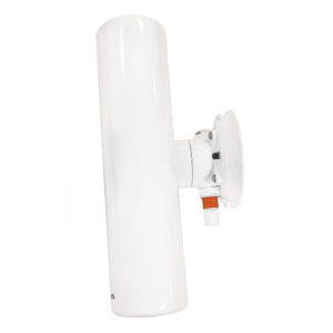 White outdoor antenna with mounting bracket.