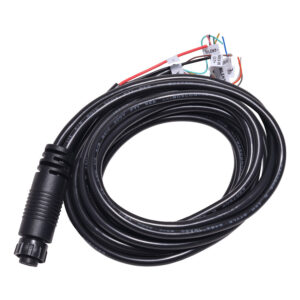 Black electrical cable with connector and exposed wires.