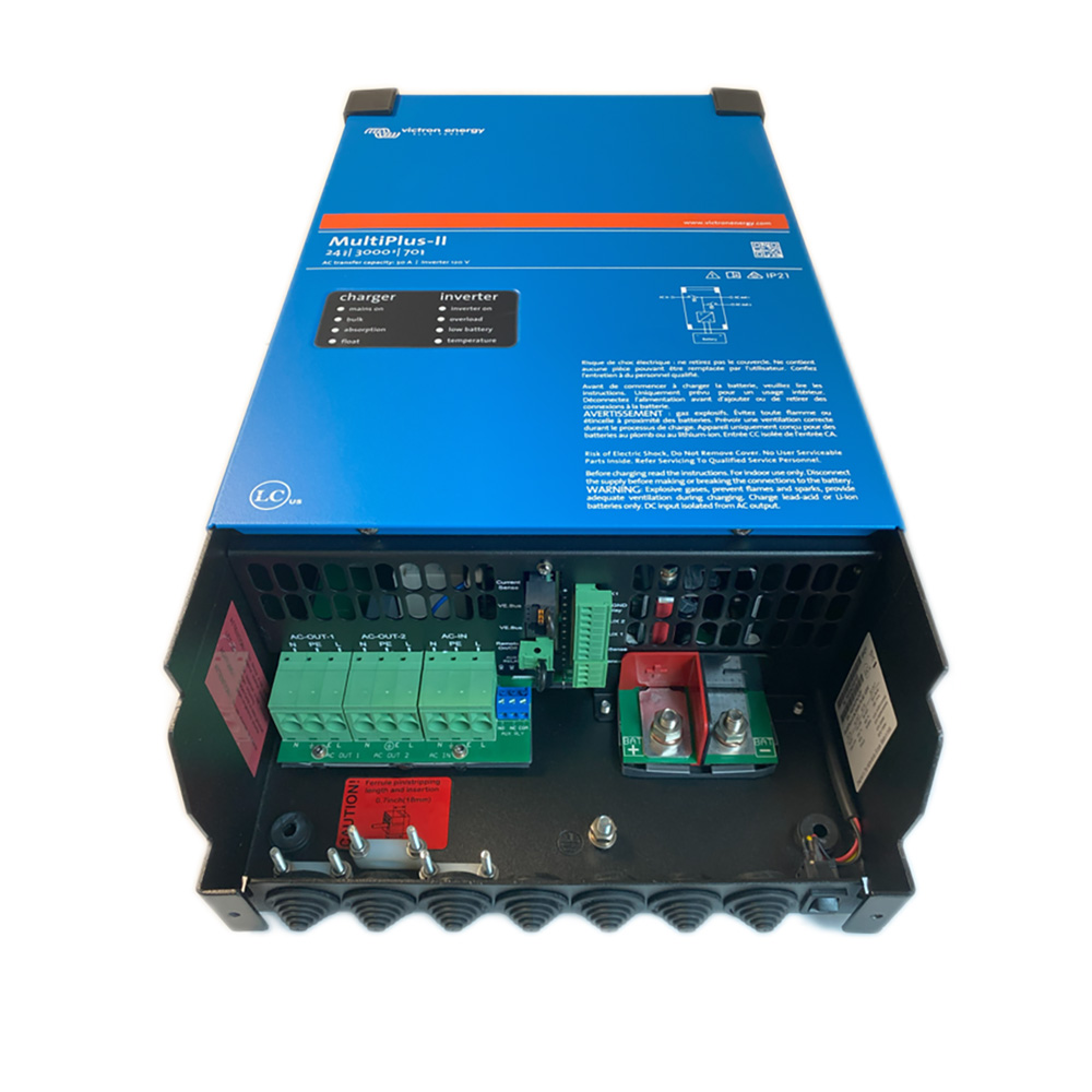 Blue Victron MultiPlus-II inverter charger with connections.