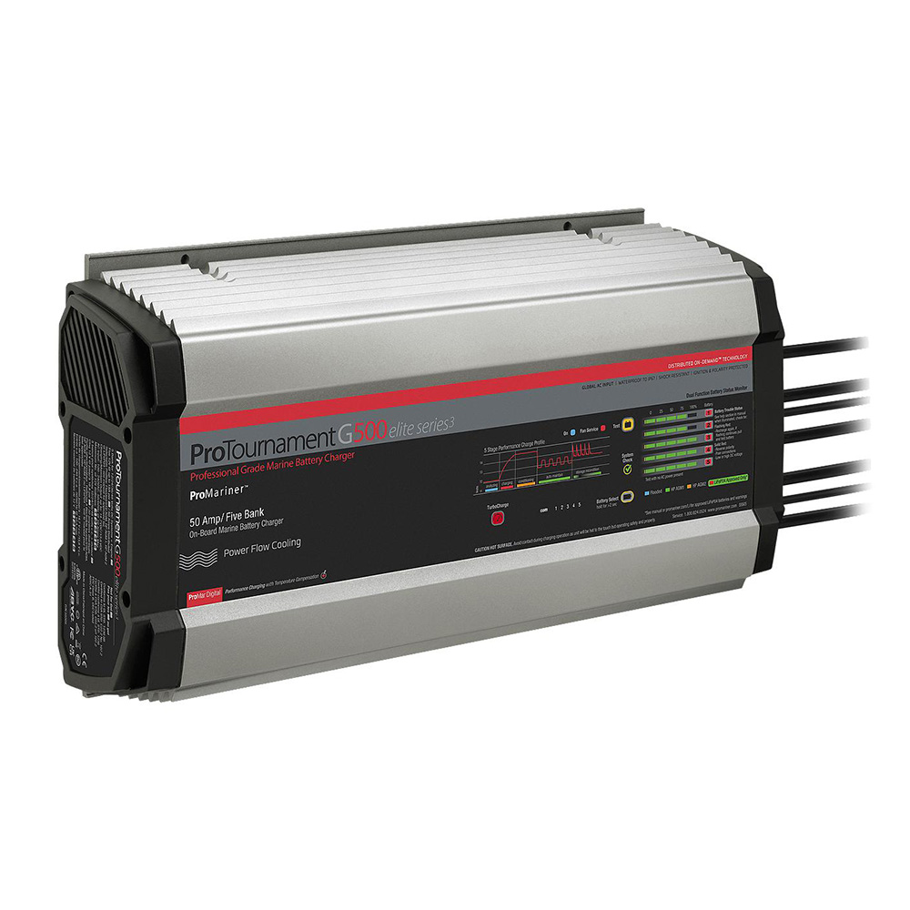 ProTournament marine battery charger, silver and black design.