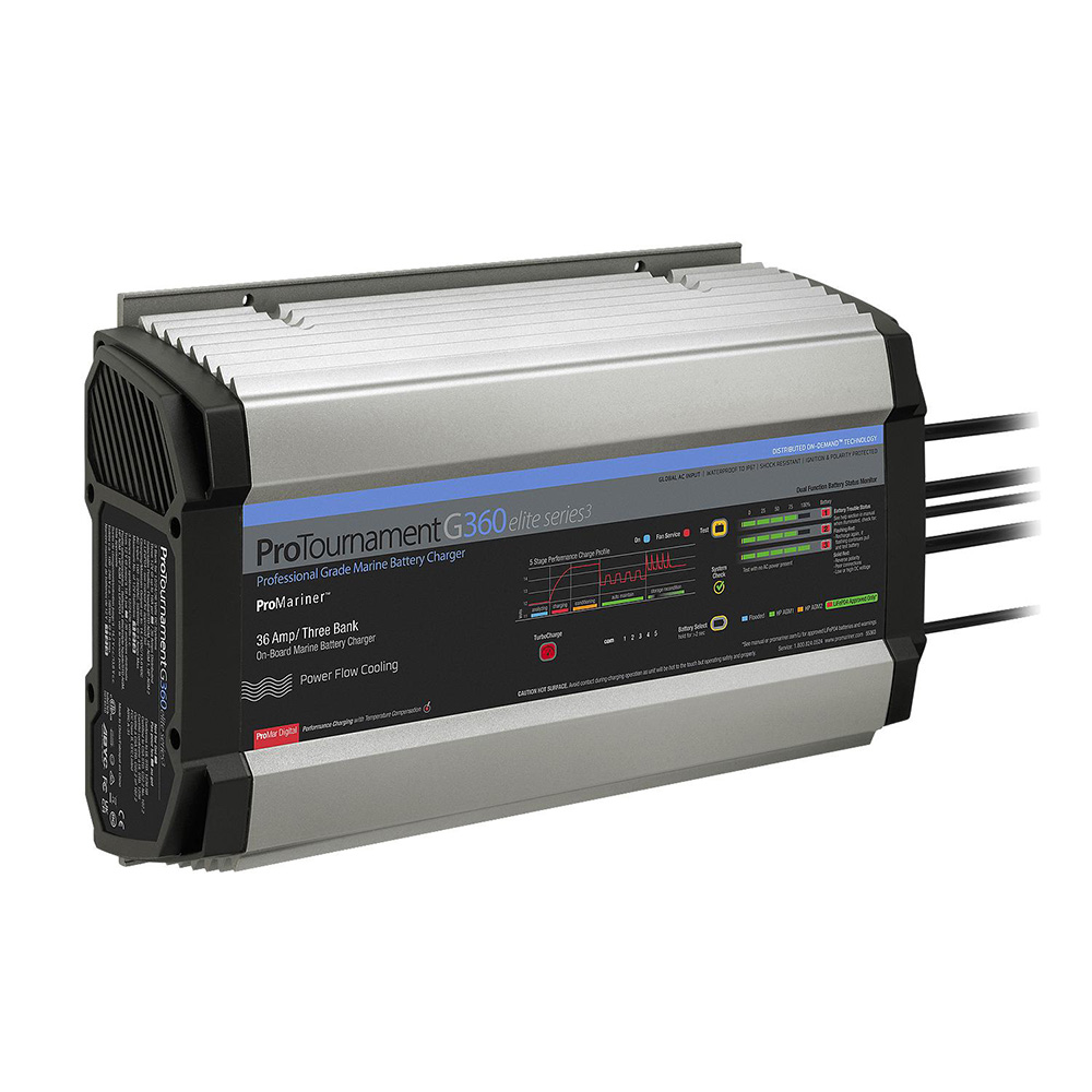 ProMariner marine battery charger, 36 Amp, black and gray.