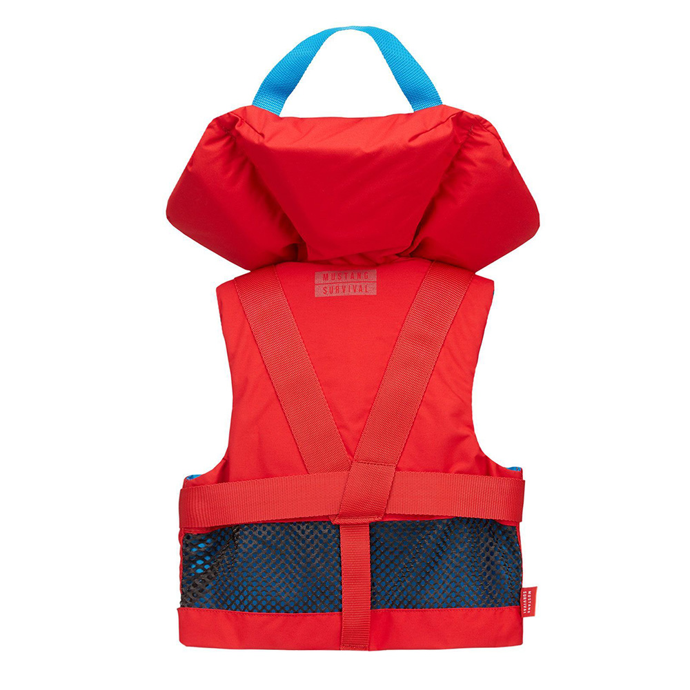 Red life jacket with mesh back panel.