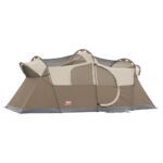 Spacious brown camping tent with multiple windows