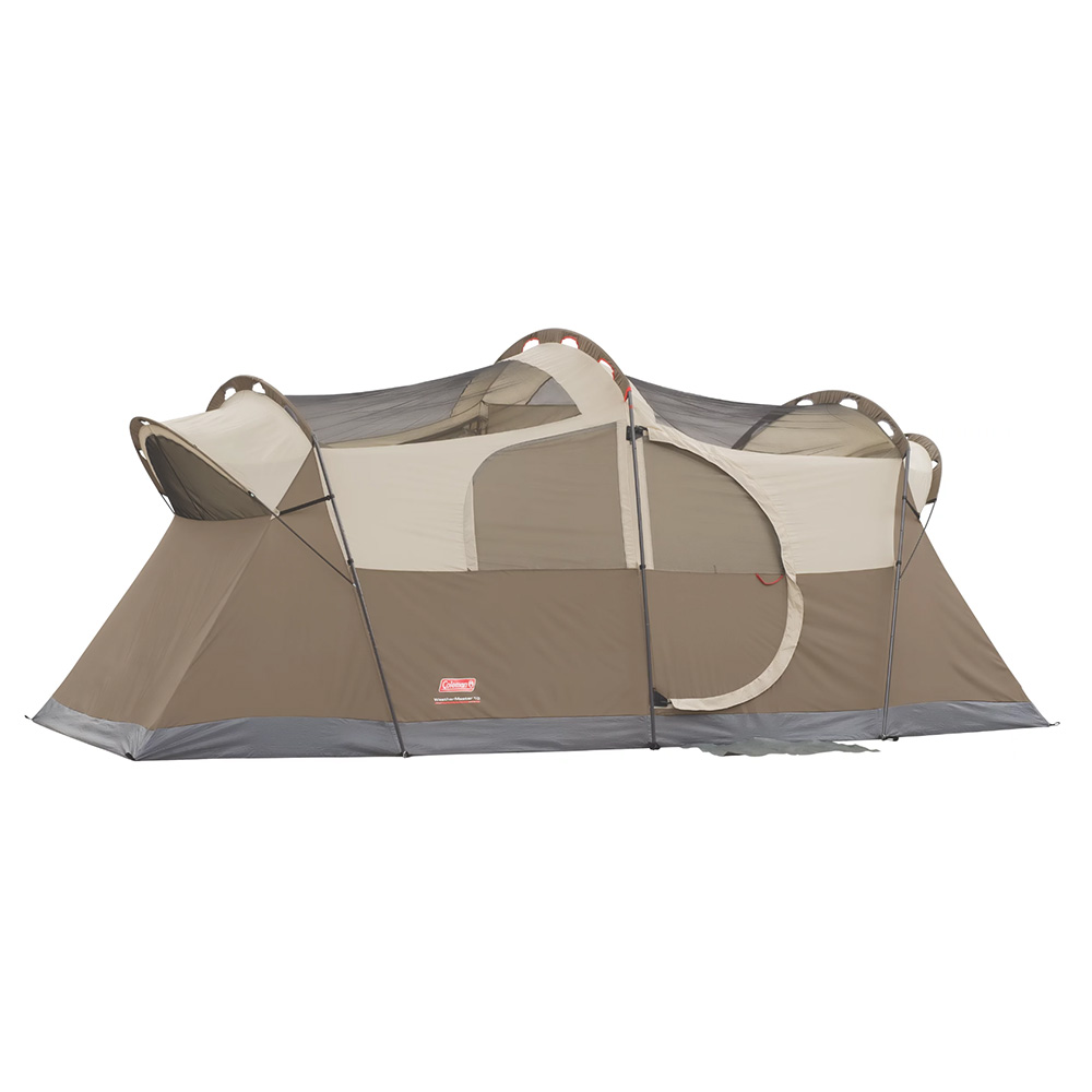 Spacious brown camping tent with multiple windows
