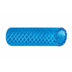Blue braided vinyl tubing pipe, close-up view.