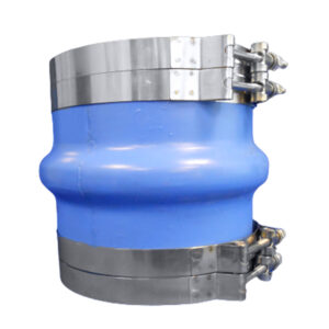 Blue industrial expansion joint with steel clamps