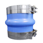 Blue rubber expansion joint with metal clamps.