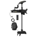 Black electric trolling motor with remote control.
