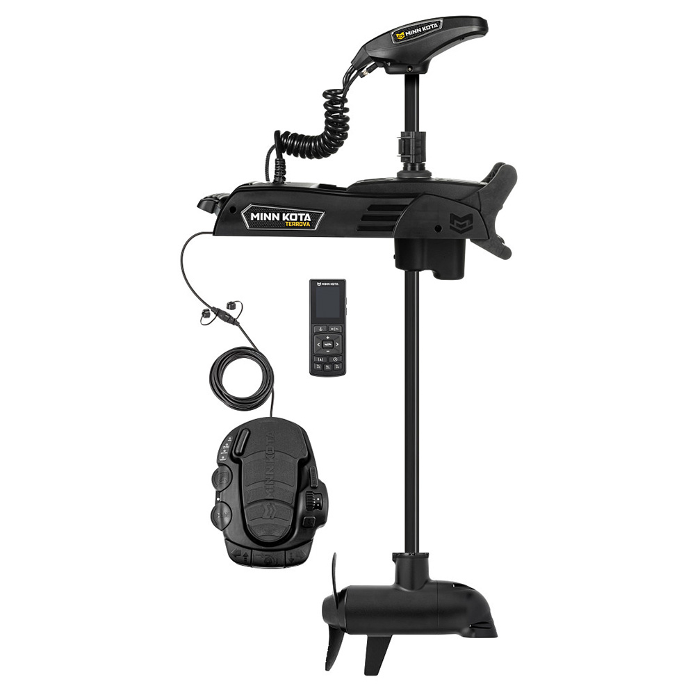Black electric trolling motor with remote control.