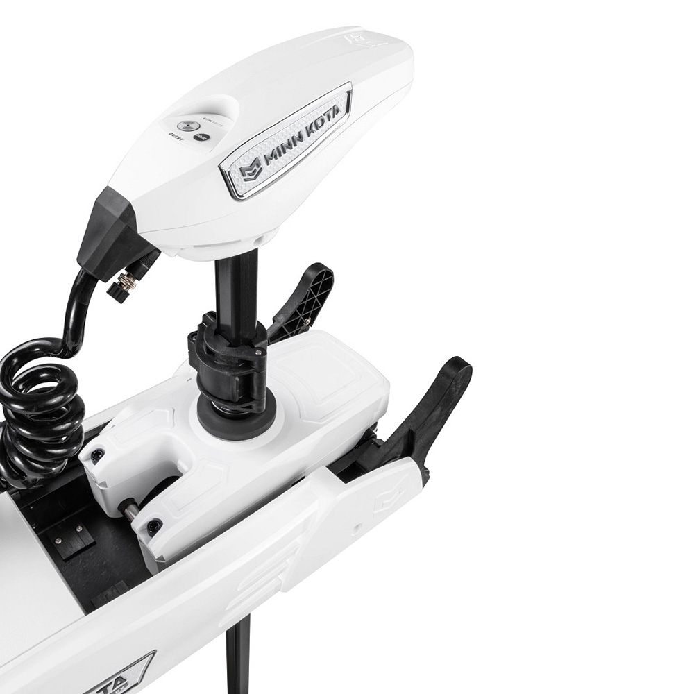 White electric boat motor with black handle.
