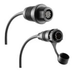 Industrial circular connectors with cables and protective caps.