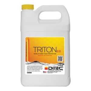 Triton teak protector bottle with yellow label.