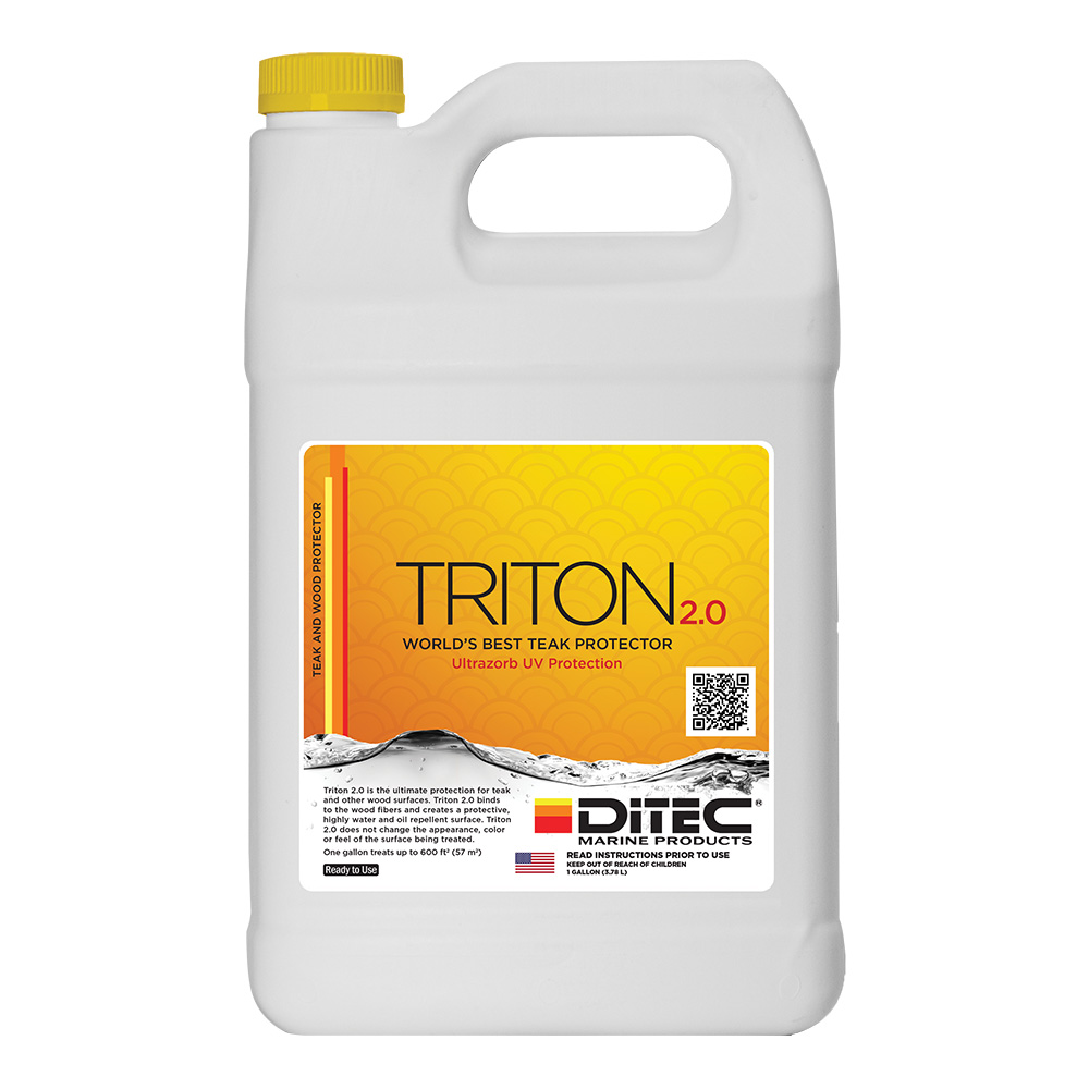 Triton teak protector bottle with yellow label.