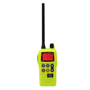 Yellow handheld radio device with antenna.