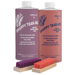 Snappy Teak-Nu deck cleaning products with brushes.