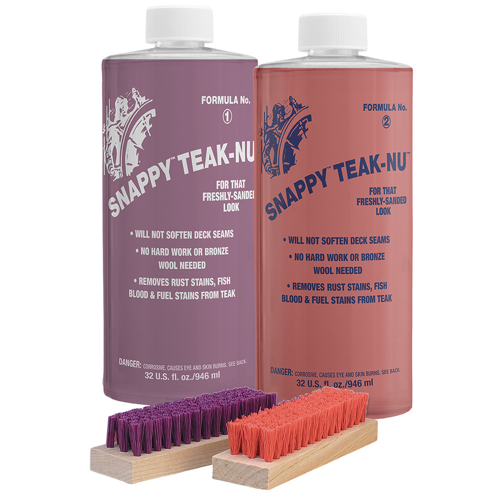 Snappy Teak-Nu deck cleaning products with brushes.
