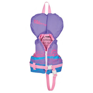 Colorful infant life jacket with floatation features.