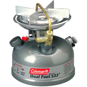 Coleman Dual Fuel 533 camping stove, metallic finish.