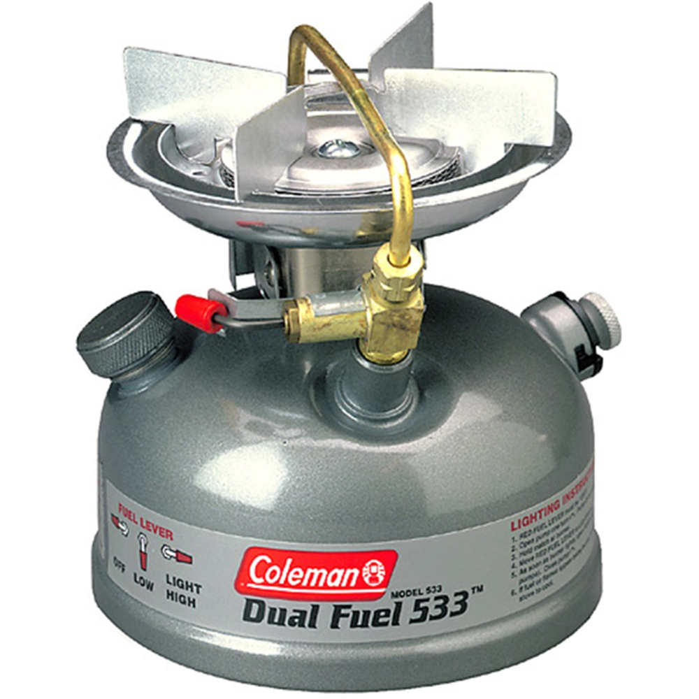Coleman Dual Fuel 533 camping stove, metallic finish.