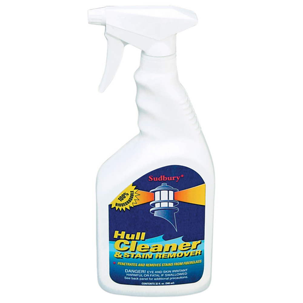 Biodegradable hull cleaner bottle for stain removal.
