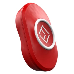 Red elliptical device with logo on white background.